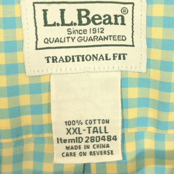 LL Bean XXL Tall Short Sleeve Shirt Traditional Fit Plaid Green Blue Yellow - Picture 2 of 3